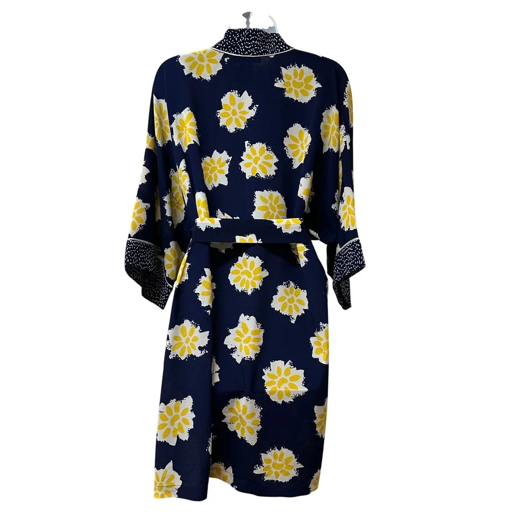 Josie by Natori Navy Blue Yellow Floral Short Kimono Robe Belted Oversized XS